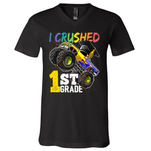 I Crushed 1st Grade Monster Truck Graduation Cap V-Neck T-Shirt