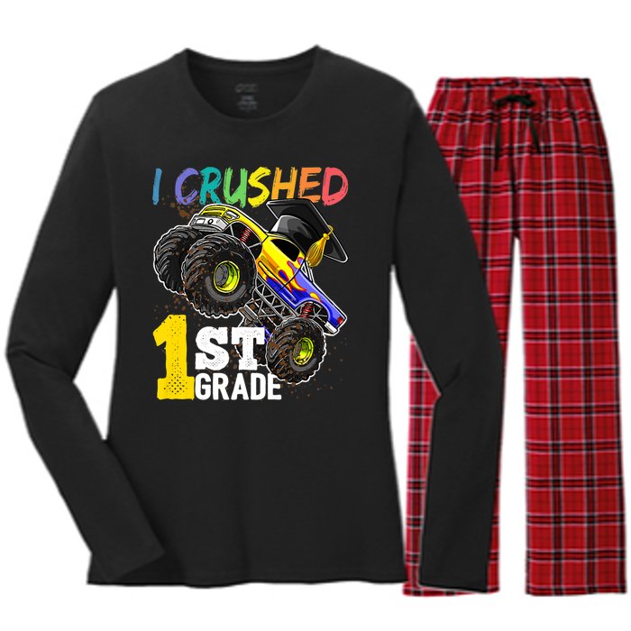 I Crushed 1st Grade Monster Truck Graduation Cap Women's Long Sleeve Flannel Pajama Set 