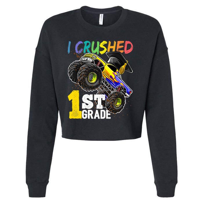 I Crushed 1st Grade Monster Truck Graduation Cap Cropped Pullover Crew