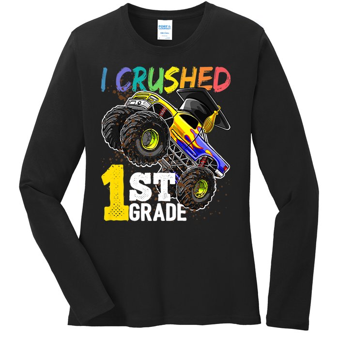 I Crushed 1st Grade Monster Truck Graduation Cap Ladies Long Sleeve Shirt