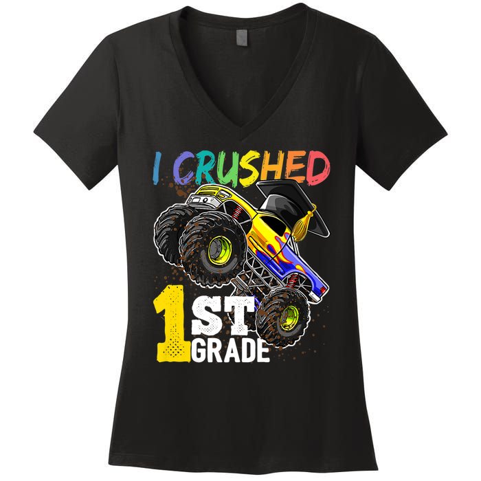 I Crushed 1st Grade Monster Truck Graduation Cap Women's V-Neck T-Shirt