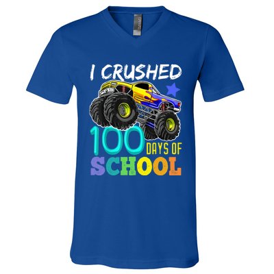 I Crushed 100 Days Of School Monster Truck 100th Day Gift V-Neck T-Shirt