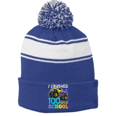 I Crushed 100 Days Of School Monster Truck 100th Day Gift Stripe Pom Pom Beanie