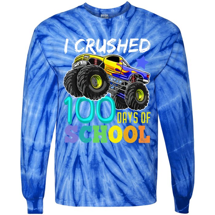 I Crushed 100 Days Of School Monster Truck 100th Day Gift Tie-Dye Long Sleeve Shirt