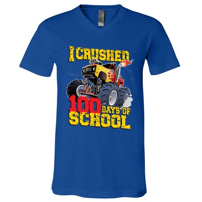 I Crushed 100 Days Of School Monster Truck Video Game Gift V-Neck T-Shirt