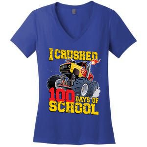 I Crushed 100 Days Of School Monster Truck Video Game Gift Women's V-Neck T-Shirt