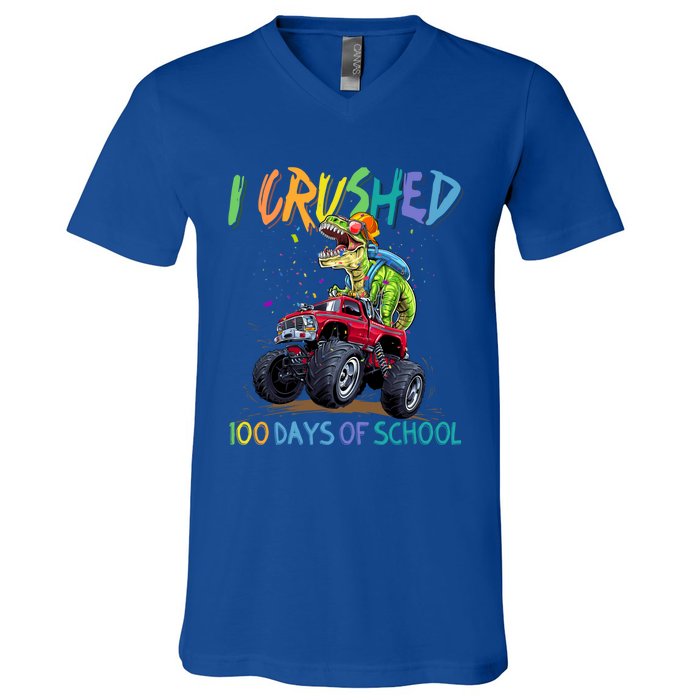 I Crushed 100 Days Of School Monster Truck Dinosaur Rex Dino Cool Gift V-Neck T-Shirt