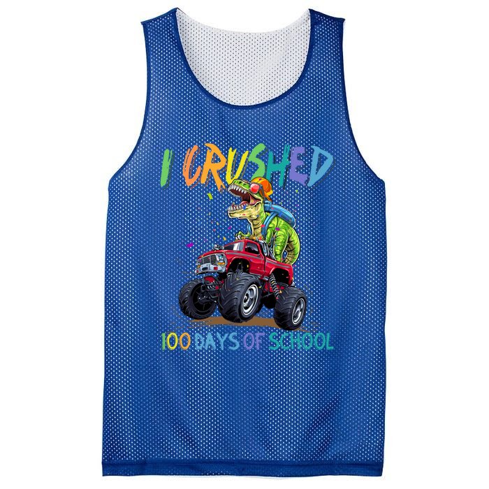 I Crushed 100 Days Of School Monster Truck Dinosaur Rex Dino Cool Gift Mesh Reversible Basketball Jersey Tank