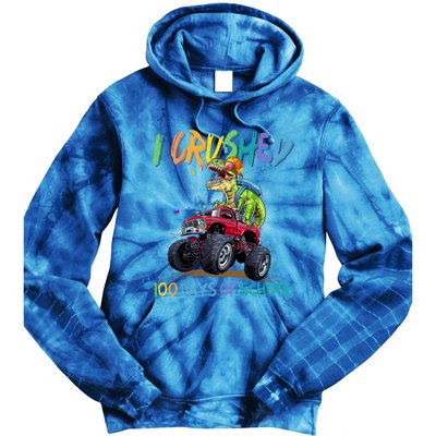 I Crushed 100 Days Of School Monster Truck Dinosaur Rex Dino Cool Gift Tie Dye Hoodie