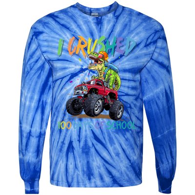 I Crushed 100 Days Of School Monster Truck Dinosaur Rex Dino Cool Gift Tie-Dye Long Sleeve Shirt