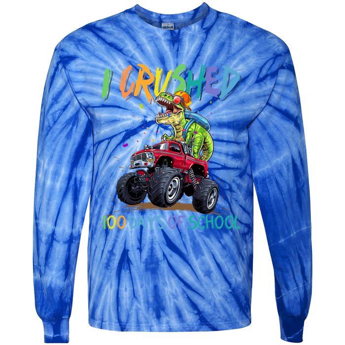 I Crushed 100 Days Of School Monster Truck Dinosaur Rex Dino Cool Gift Tie-Dye Long Sleeve Shirt