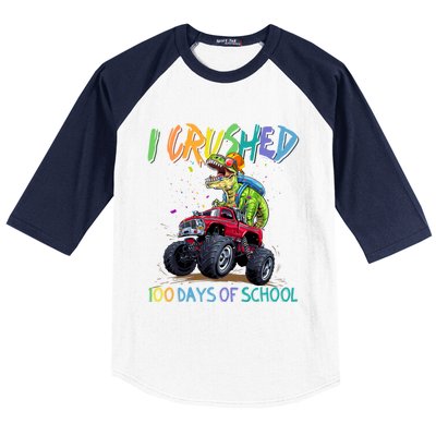 I Crushed 100 Days Of School Monster Truck Dinosaur Rex Dino Cool Gift Baseball Sleeve Shirt