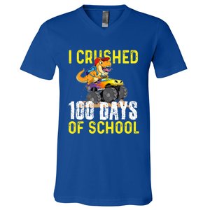 I Crushed 100 Days Of School Monster Truck T Rex Dinosaur Cool Gift V-Neck T-Shirt