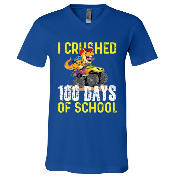 I Crushed 100 Days Of School Monster Truck T Rex Dinosaur Cool Gift V-Neck T-Shirt