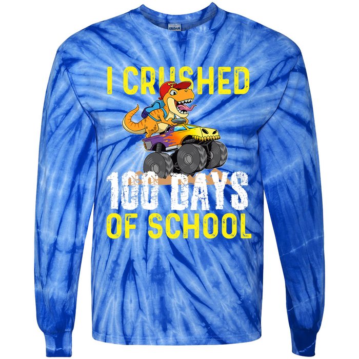 I Crushed 100 Days Of School Monster Truck T Rex Dinosaur Cool Gift Tie-Dye Long Sleeve Shirt