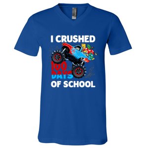 I Crushed 100 Days Of School Monster Truck Teacher Gift V-Neck T-Shirt