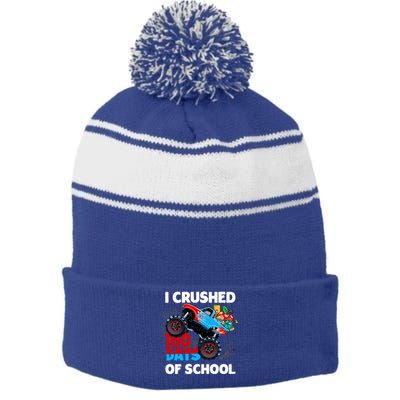 I Crushed 100 Days Of School Monster Truck Teacher Gift Stripe Pom Pom Beanie