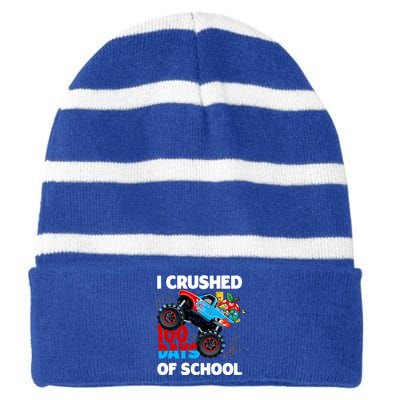 I Crushed 100 Days Of School Monster Truck Teacher Gift Striped Beanie with Solid Band