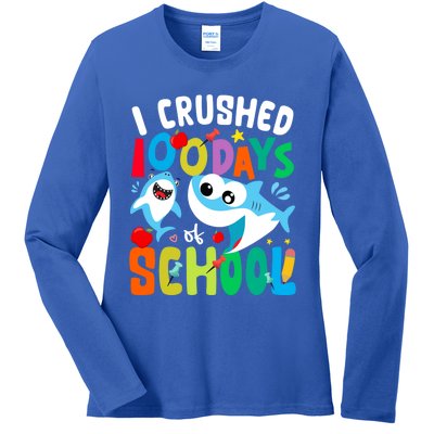 I Crushed 100 Days Of School Shark 100 Days Of School Shark Gift Ladies Long Sleeve Shirt