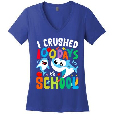 I Crushed 100 Days Of School Shark 100 Days Of School Shark Gift Women's V-Neck T-Shirt