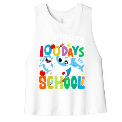 I Crushed 100 Days Of School Shark 100 Days Of School Shark Gift Women's Racerback Cropped Tank