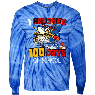 I Crushed 100 Days Of School Shark Crushing Happy 100th Day Gift Tie-Dye Long Sleeve Shirt