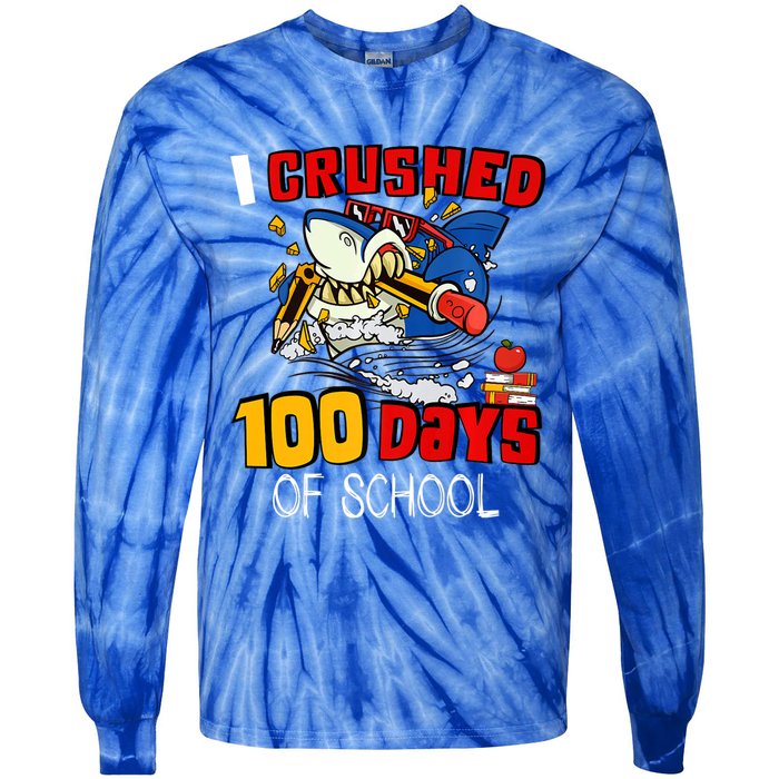 I Crushed 100 Days Of School Shark Crushing Happy 100th Day Gift Tie-Dye Long Sleeve Shirt