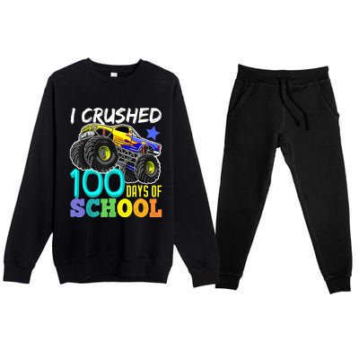 I Crushed 100 Days Of School Boys Monster Truck Premium Crewneck Sweatsuit Set