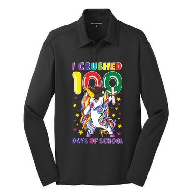 I Crushed 100 Day Of School Unicorn Teacher Student Cute Gift Silk Touch Performance Long Sleeve Polo