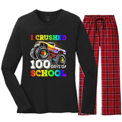 I Crushed 100 Days Of School Monster Truck For Women's Long Sleeve Flannel Pajama Set 