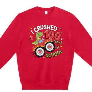 I Crushed 100 Days Of School Dinosaur Monster Truck Boy Premium Crewneck Sweatshirt