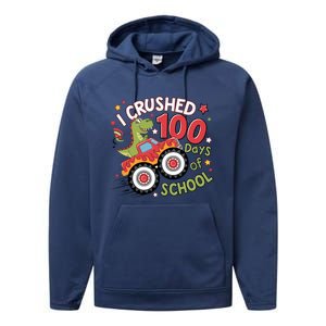 I Crushed 100 Days Of School Dinosaur Monster Truck Boy Performance Fleece Hoodie