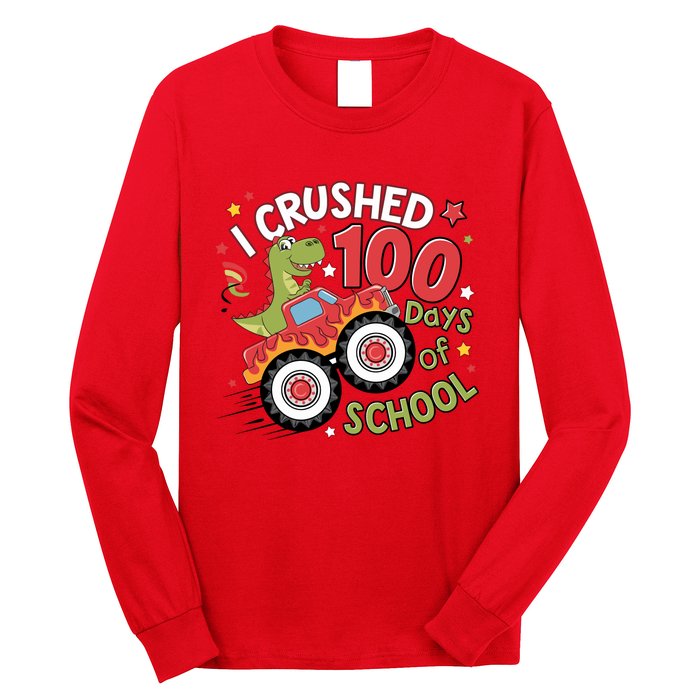 I Crushed 100 Days Of School Dinosaur Monster Truck Boy Long Sleeve Shirt