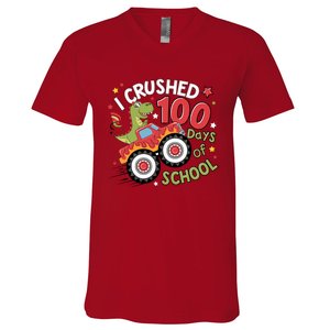 I Crushed 100 Days Of School Dinosaur Monster Truck Boy V-Neck T-Shirt