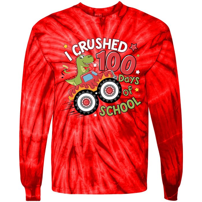 I Crushed 100 Days Of School Dinosaur Monster Truck Boy Tie-Dye Long Sleeve Shirt