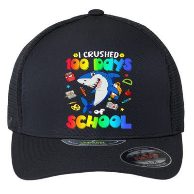 I Crushed 100 Days of School Funny Shark Lover Flexfit Unipanel Trucker Cap