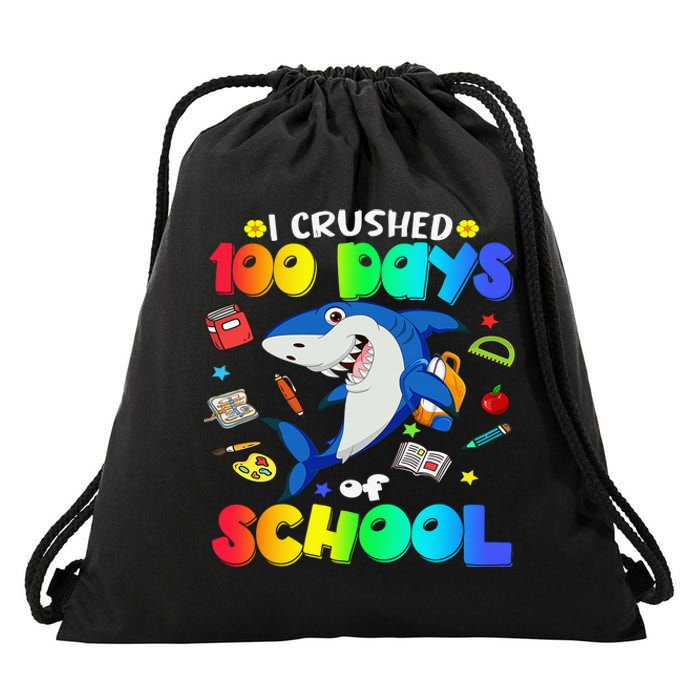 I Crushed 100 Days of School Funny Shark Lover Drawstring Bag