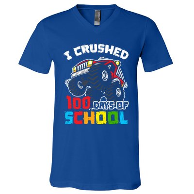 I Crushed 100 Days Of School 100th Day Of Monster Truck Cute Gift V-Neck T-Shirt