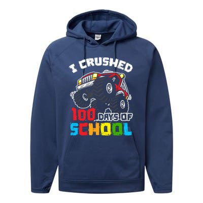 I Crushed 100 Days Of School 100th Day Of Monster Truck Cute Gift Performance Fleece Hoodie