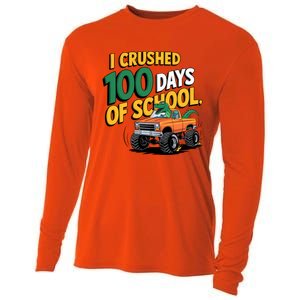 I Crushed 100 Day Of School Monster Truck T Rex Dinosaur Boy Cooling Performance Long Sleeve Crew