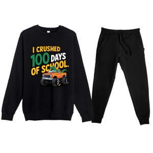 I Crushed 100 Day Of School Monster Truck T Rex Dinosaur Boy Premium Crewneck Sweatsuit Set