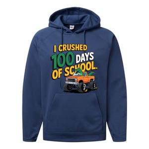 I Crushed 100 Day Of School Monster Truck T Rex Dinosaur Boy Performance Fleece Hoodie