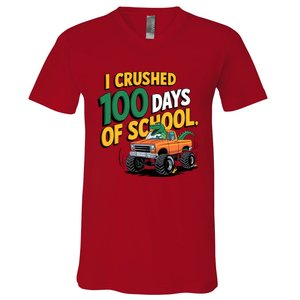 I Crushed 100 Day Of School Monster Truck T Rex Dinosaur Boy V-Neck T-Shirt