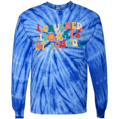 I Crushed 100 Days Of School Smarter Brighter Groovy Retro Great Gift Tie-Dye Long Sleeve Shirt