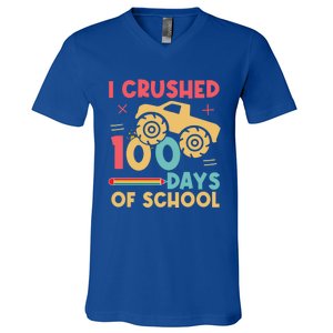 I Crushed 100 Days Of School Monster Truck Design Cute Gift V-Neck T-Shirt