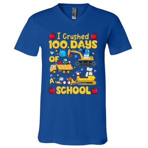 I Crushed 100 Days Of School Tee Construction Vehicle Cute Gift V-Neck T-Shirt