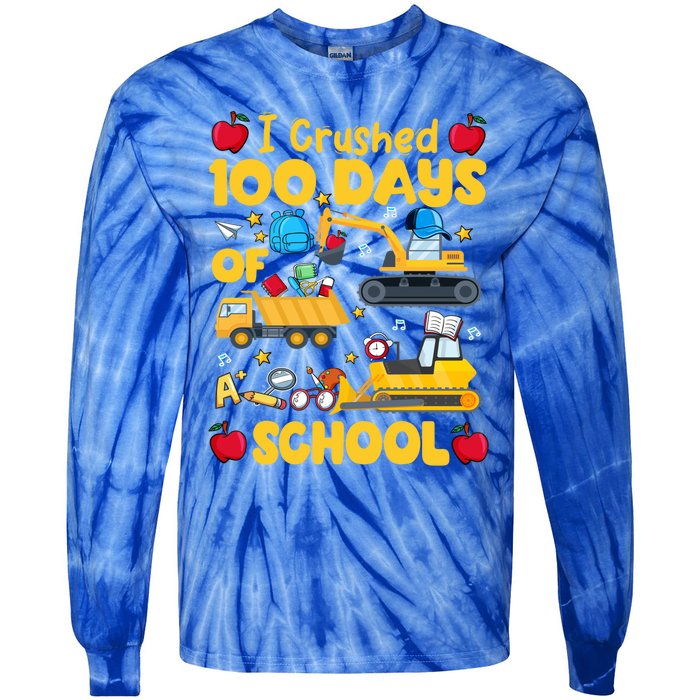 I Crushed 100 Days Of School Tee Construction Vehicle Cute Gift Tie-Dye Long Sleeve Shirt