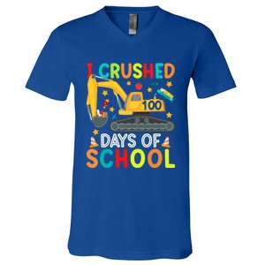 I Crushed 100 Days Of School Construction Excavator Gift V-Neck T-Shirt