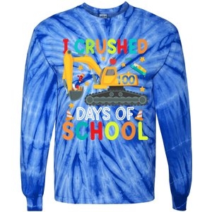 I Crushed 100 Days Of School Construction Excavator Gift Tie-Dye Long Sleeve Shirt