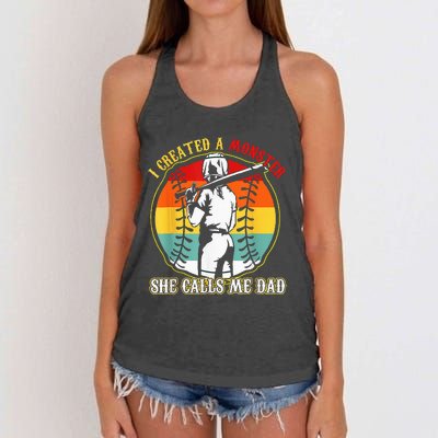 I Created A Monster She Call Me Dad Softball Baseball Lover Women's Knotted Racerback Tank